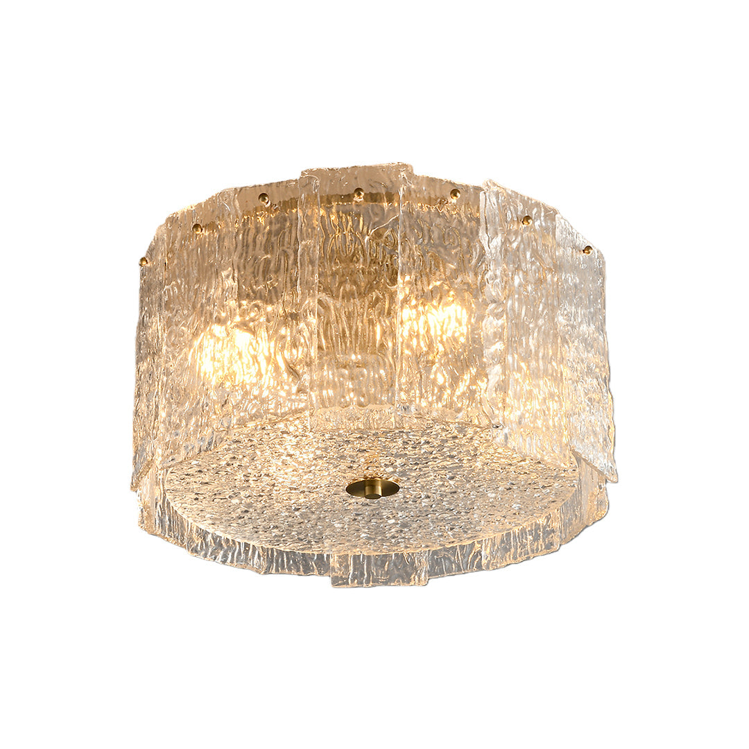 Modern luxury chandeliers style glass flush mount lighting with textured crystal and brass frame
