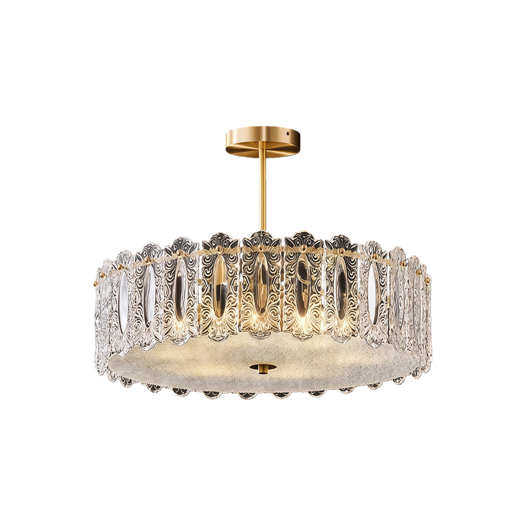Modern luxury chandeliers style glass semi flush mount lighting with textured crystal and brass hardware