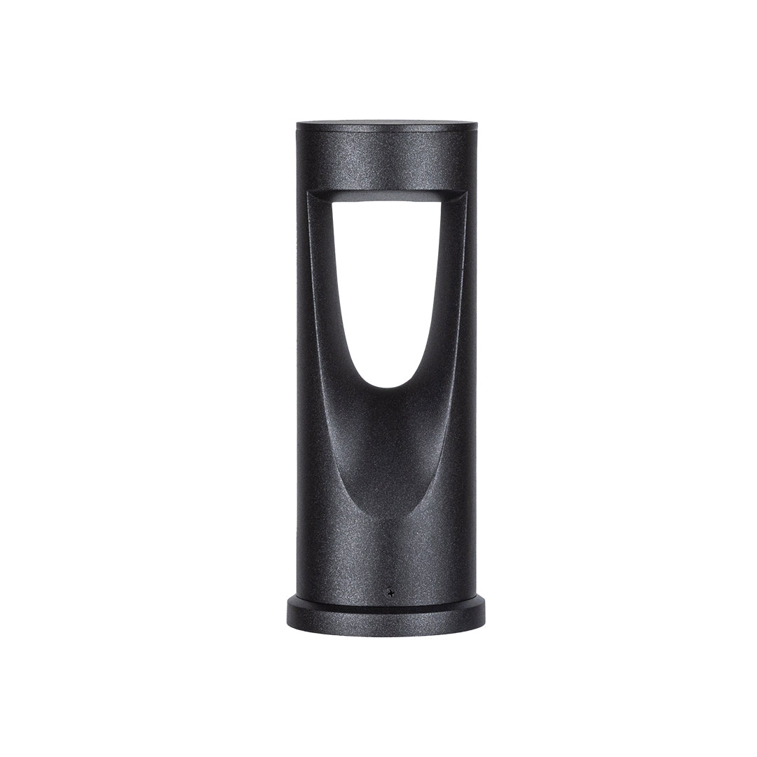 Black textured bollard light featuring distinctive curved opening for directional LED illumination