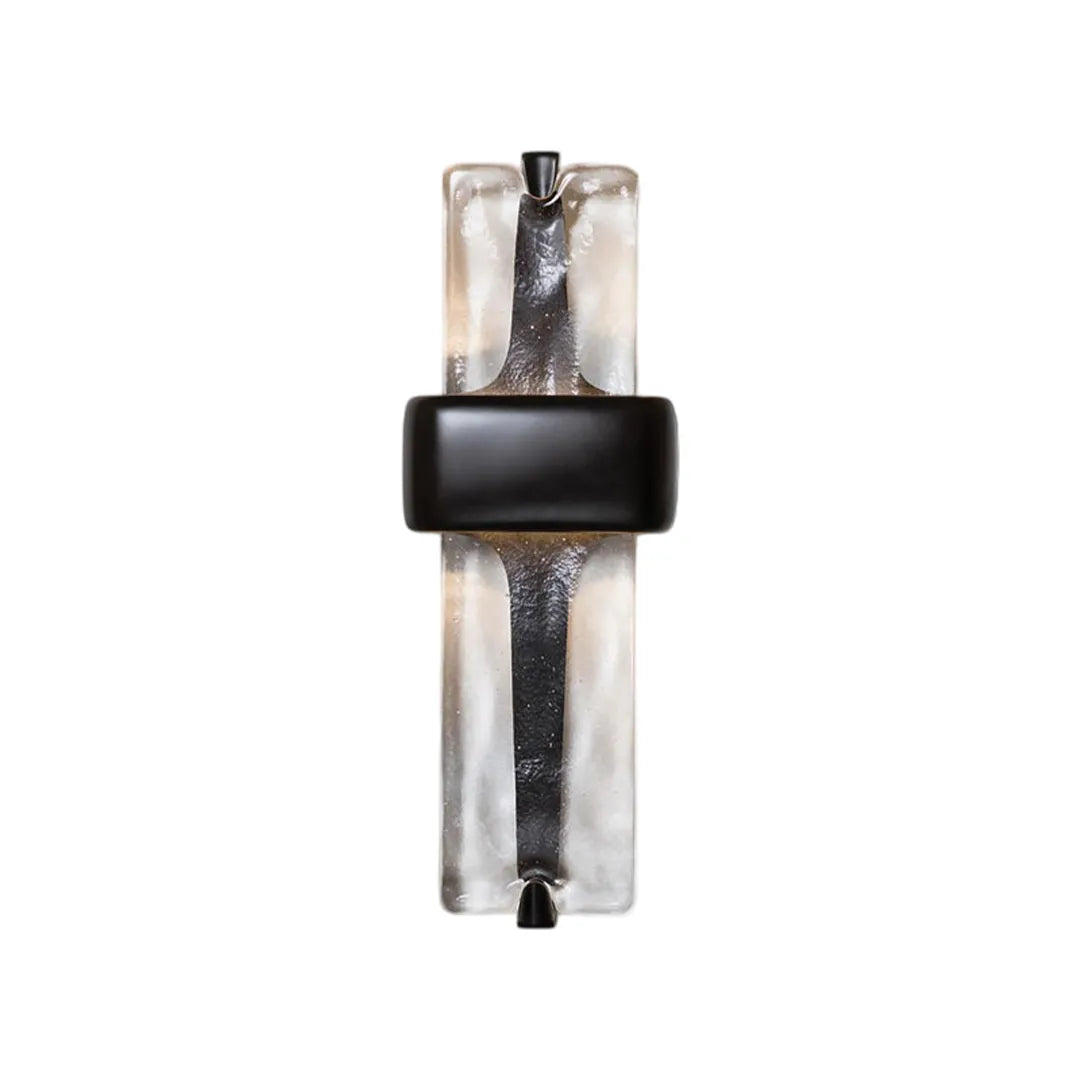 Textured glass wall sconce product image with frosted glass panels and a black center accent.