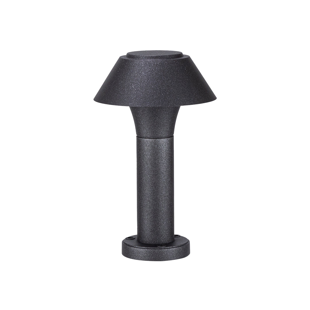 Black textured mushroom cap bollard light with cylindrical post for outdoor pathway lighting
