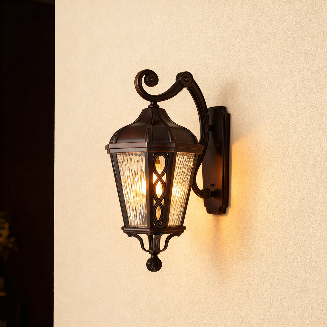 Vintage outdoor sconce on a textured wall, stylish and warm exterior lighting solution