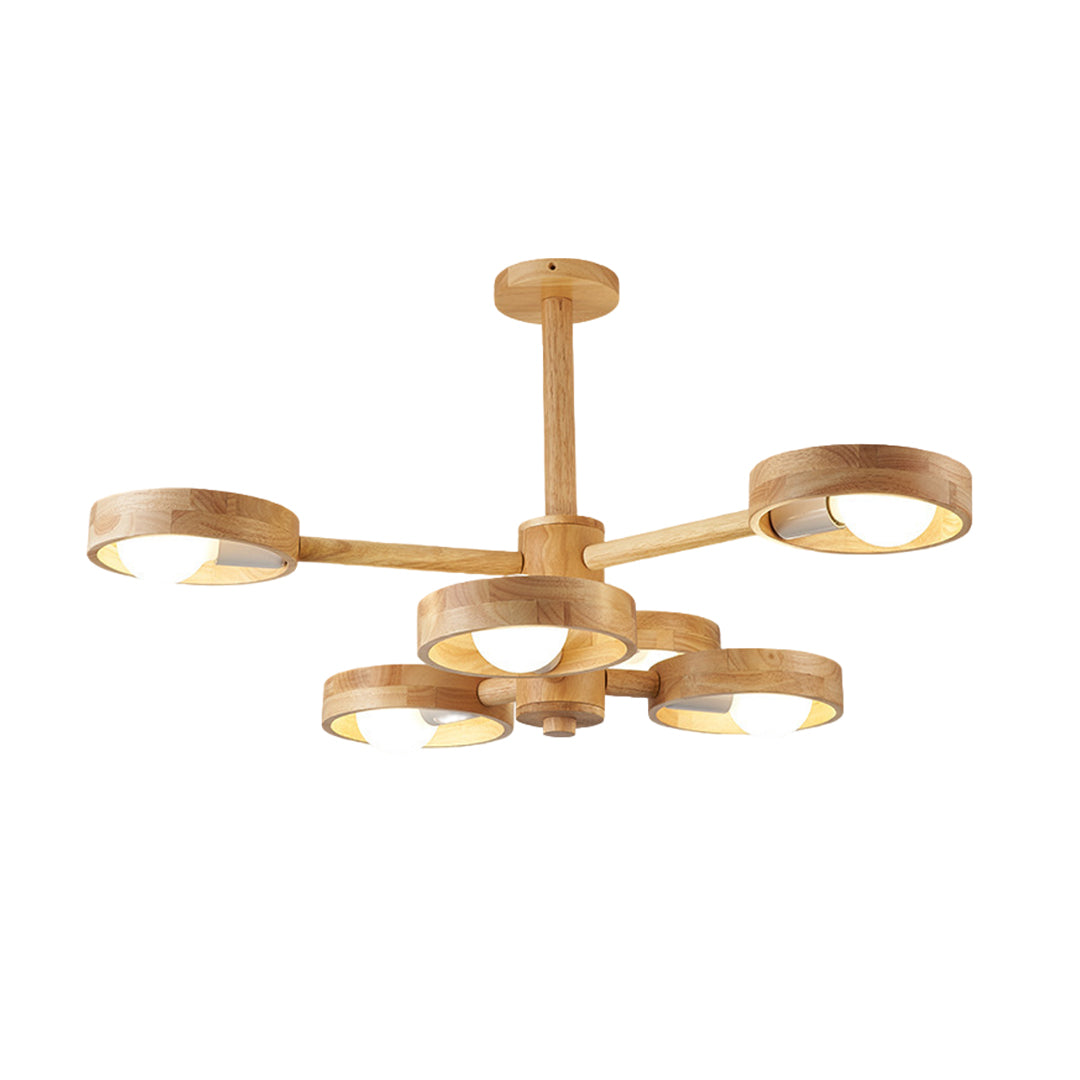 Three-arm brass glass shade chandelier with circular glass diffusers and wall light compatibility