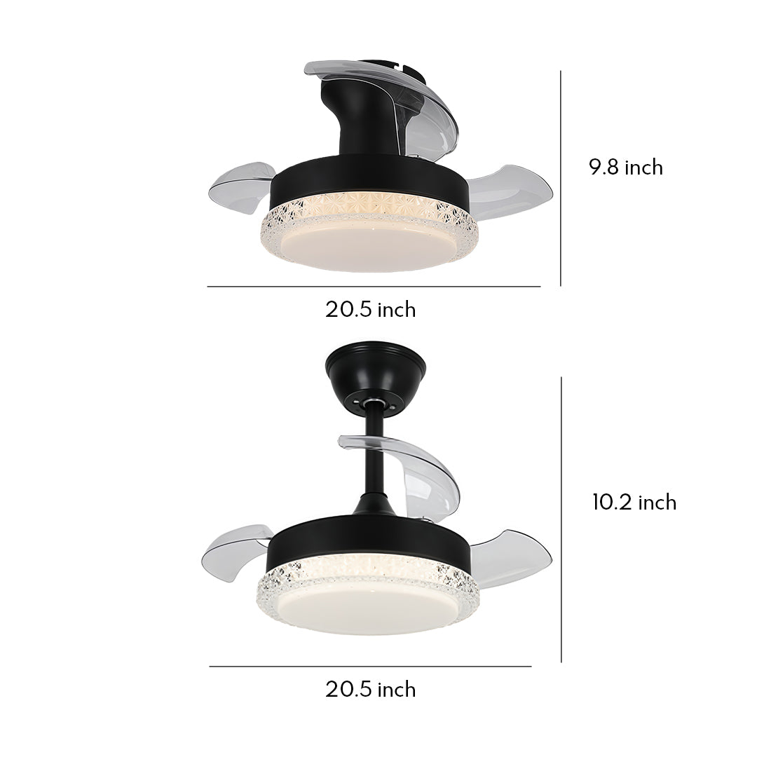 Three blade ceiling fans with lights showing two size options with dimension measurements on white background.