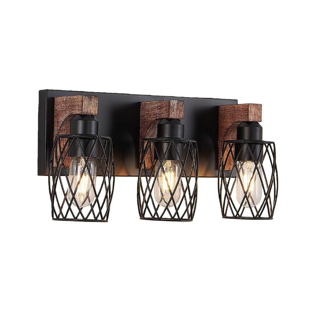 Black vanity bathroom light with three bulbs, adding a rustic touch to a wooden-framed bathroom mirror.
