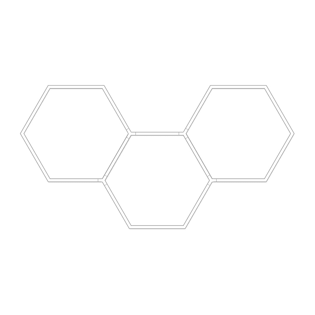 Three-cell geometric honeycomb ceiling light layout drawing for modern garage or showroom lighting.