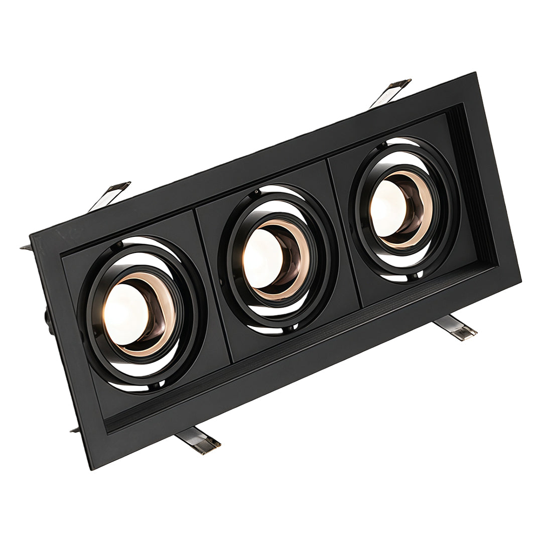 Three-head black LED indoor spotlight with glass shade chandelier influence for versatile directional accent lighting.