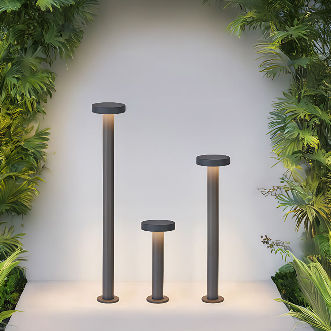 Set of three different height LED path lights showcasing size options for coordinated landscape design