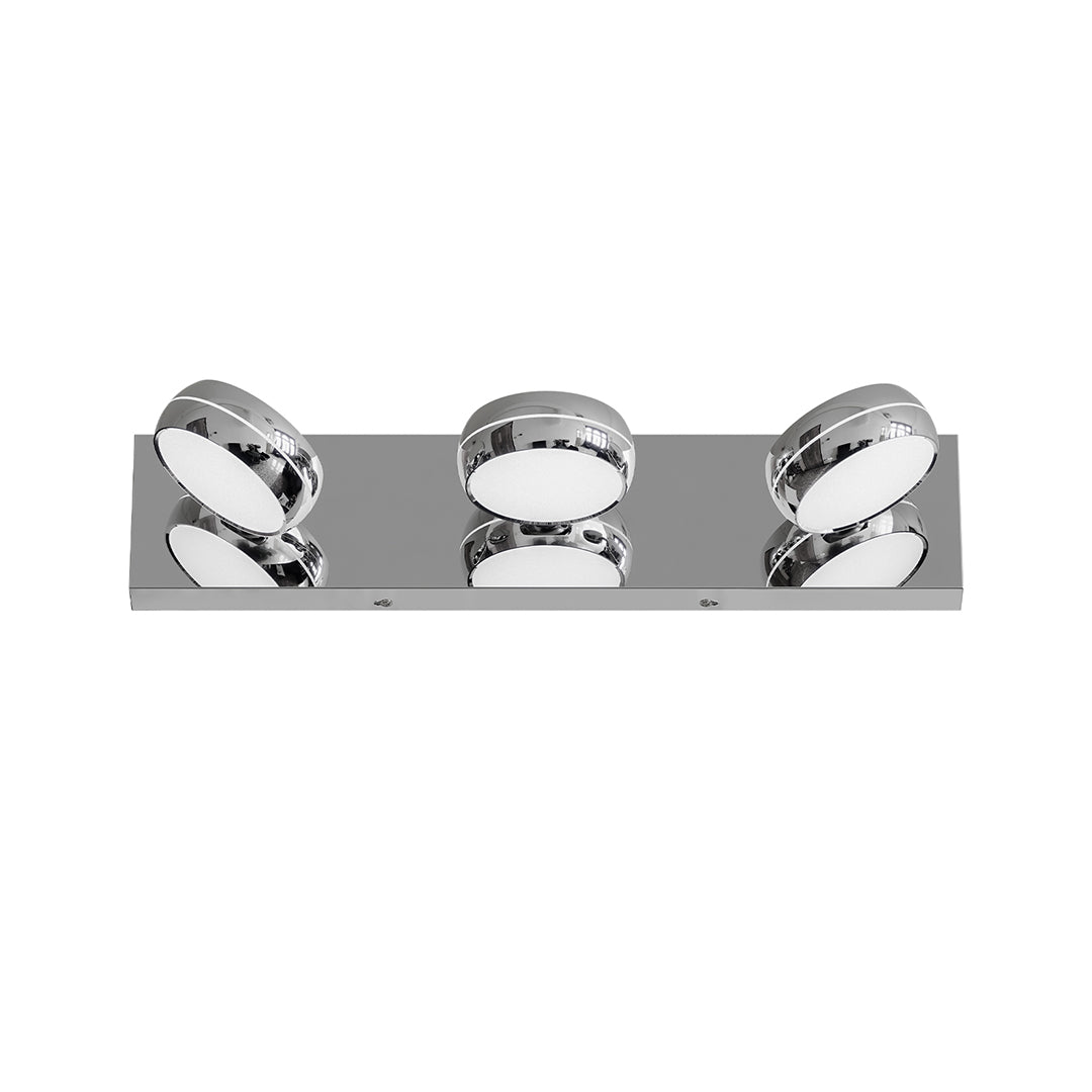 Three-light chrome bathroom vanity light with glass shade chandelier aesthetic featuring round adjustable head design.
