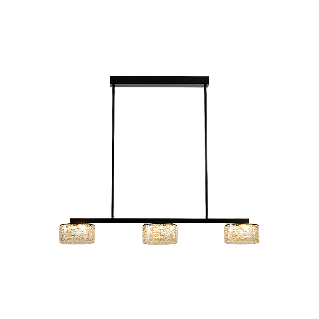 Three-light LED linear pendant light with black frame and crystal glass shades for modern lighting