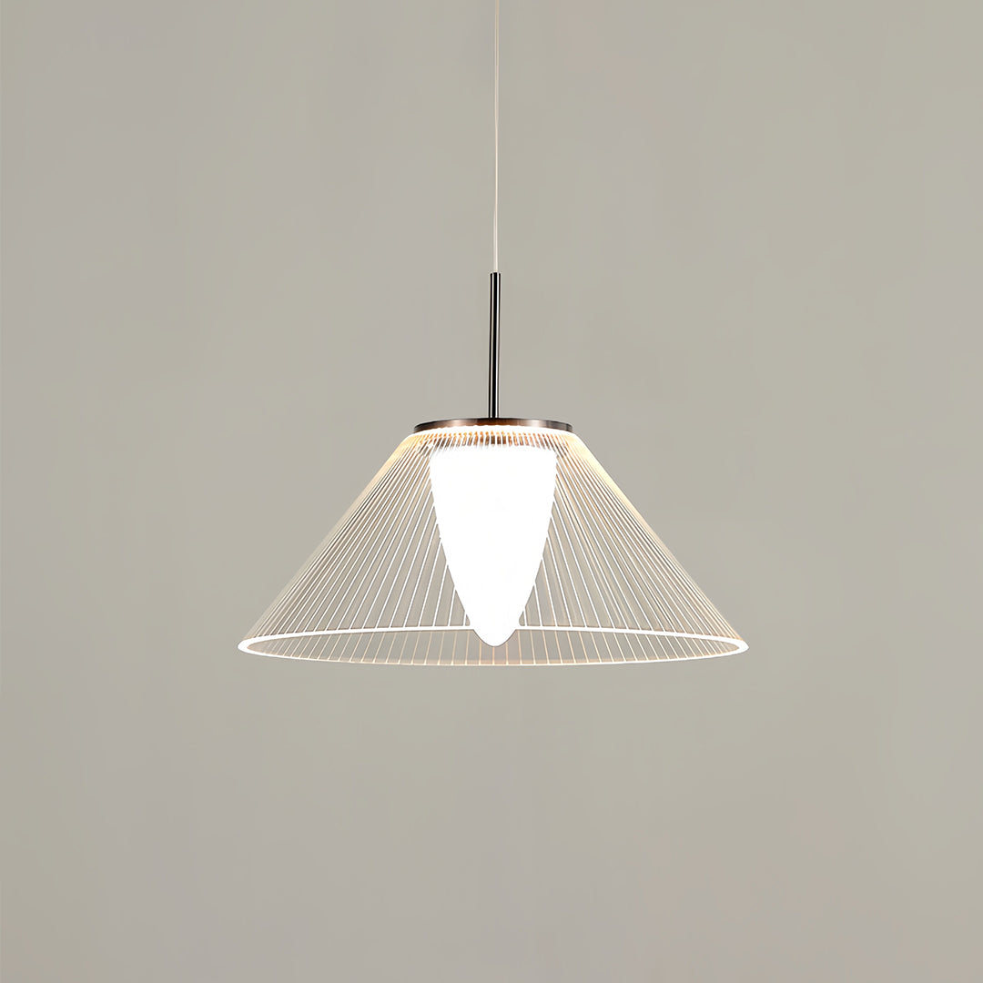 Three modern white mesh pendant lights hanging in a row above a dining table
