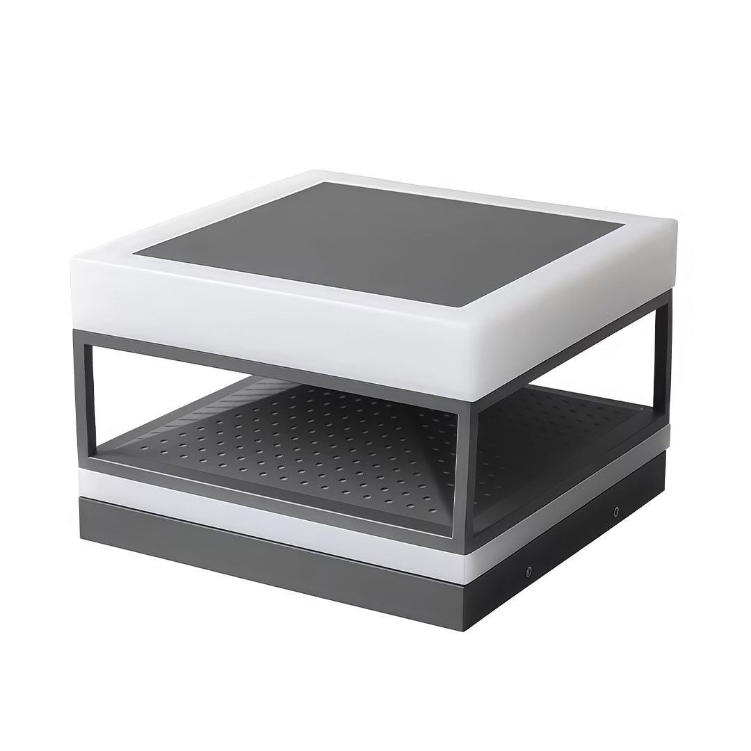 White pillar top light with a black metal frame and perforated sides, displayed from a three-quarter angle.