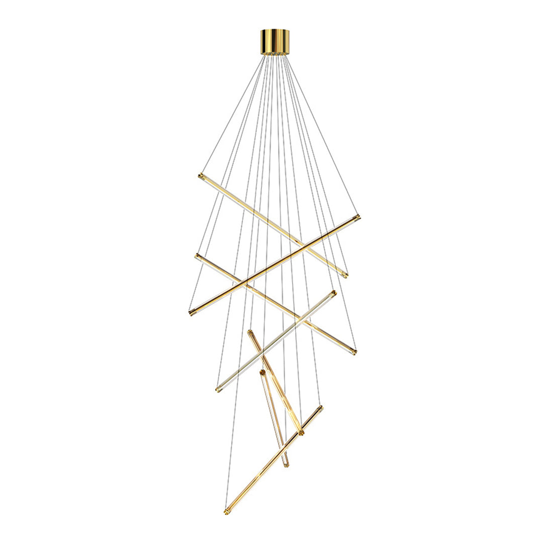 Three-tier LED linear chandelier with gold bars and cables, creating a striking visual in a modern interior setting.