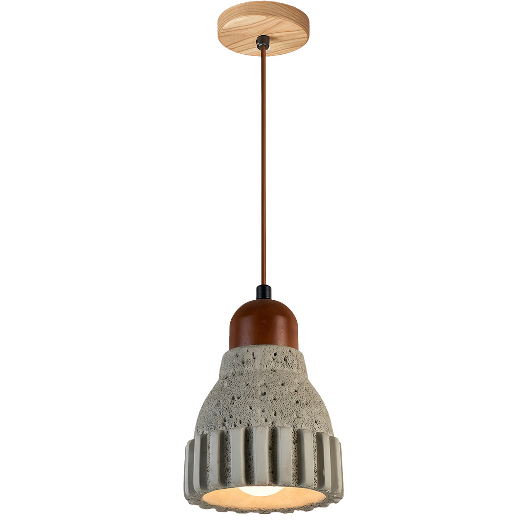 Set of three wood pendant lights suspended from the ceiling, offering a modern yet rustic charm.