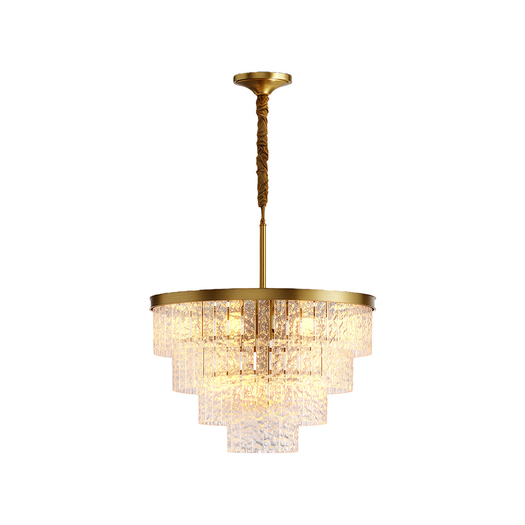 Modern luxury chandeliers with tiered brass frame and cascading textured glass rods