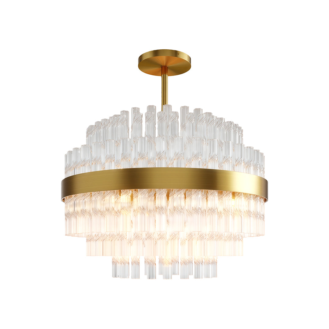 Modern luxury chandeliers with tiered crystal glass rods and gold brass circular frame
