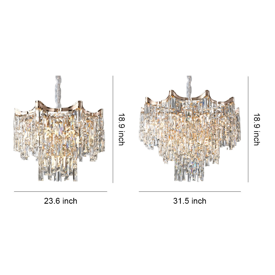 Technical specification drawing of elegant tiered glass chandelier with cascading crystal elements in two sizes