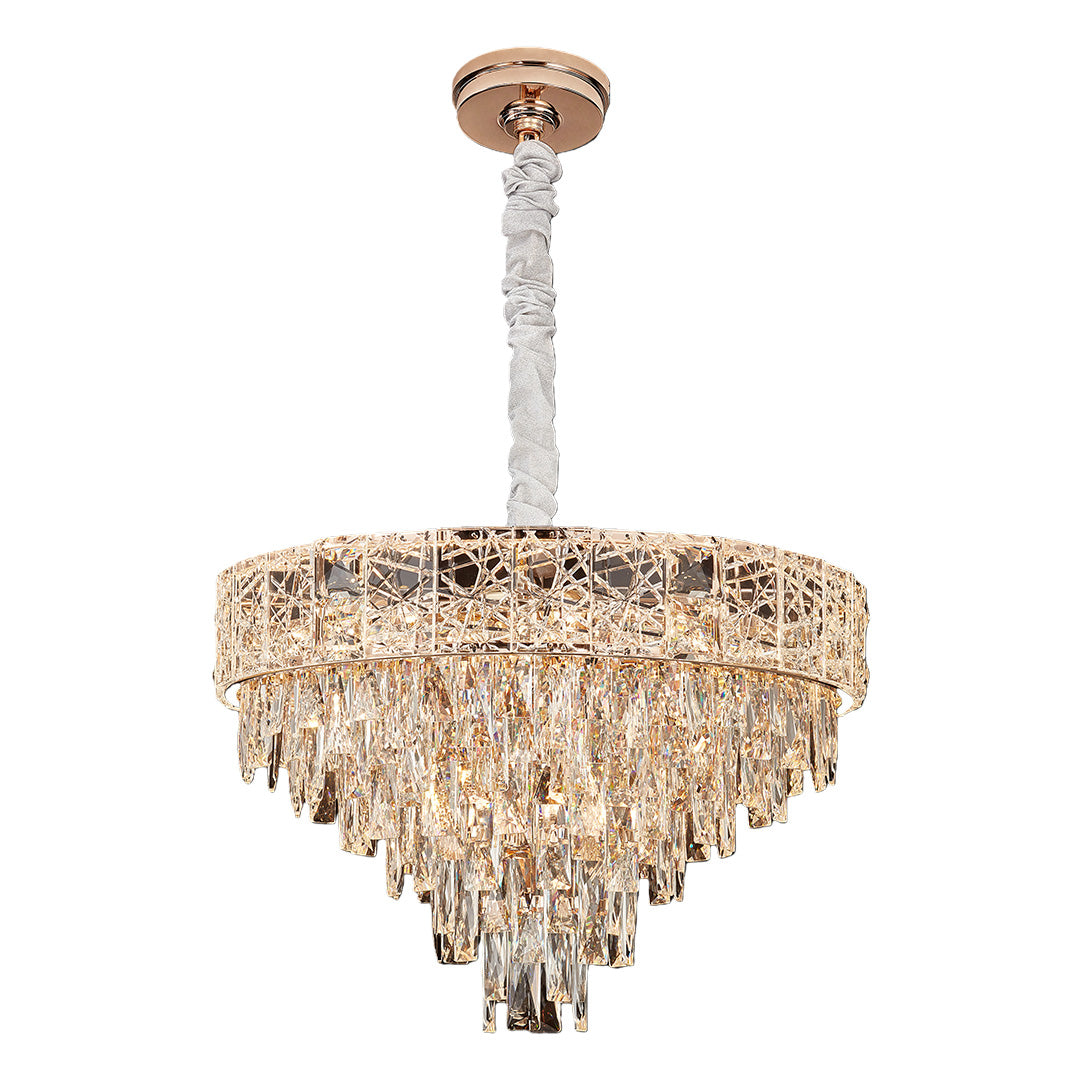 Tiered luxury chandelier featuring gold finish and faceted hanging crystals.
