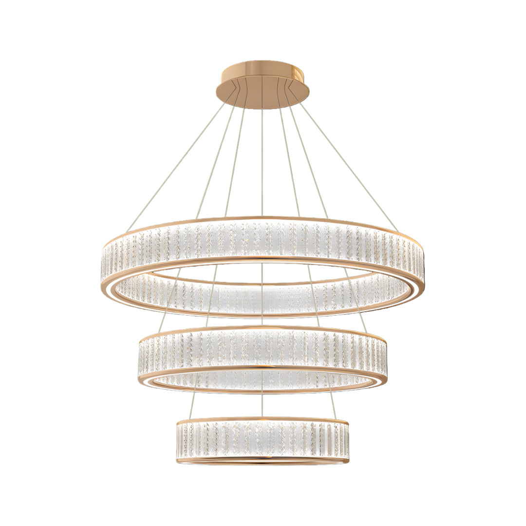 Tiered large crystal chandeliers presenting triple-ring design with graduated sizes and crystal glass panel elements