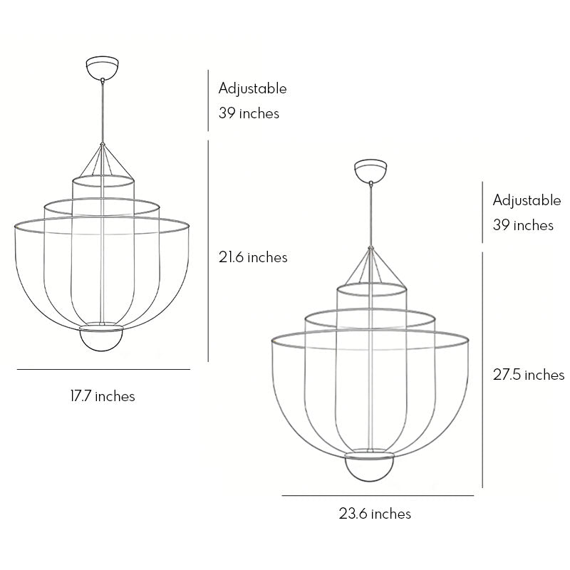 Technical size chart for tiered silver mesh chandelier with 17.7 and 23.6 inch width displays.