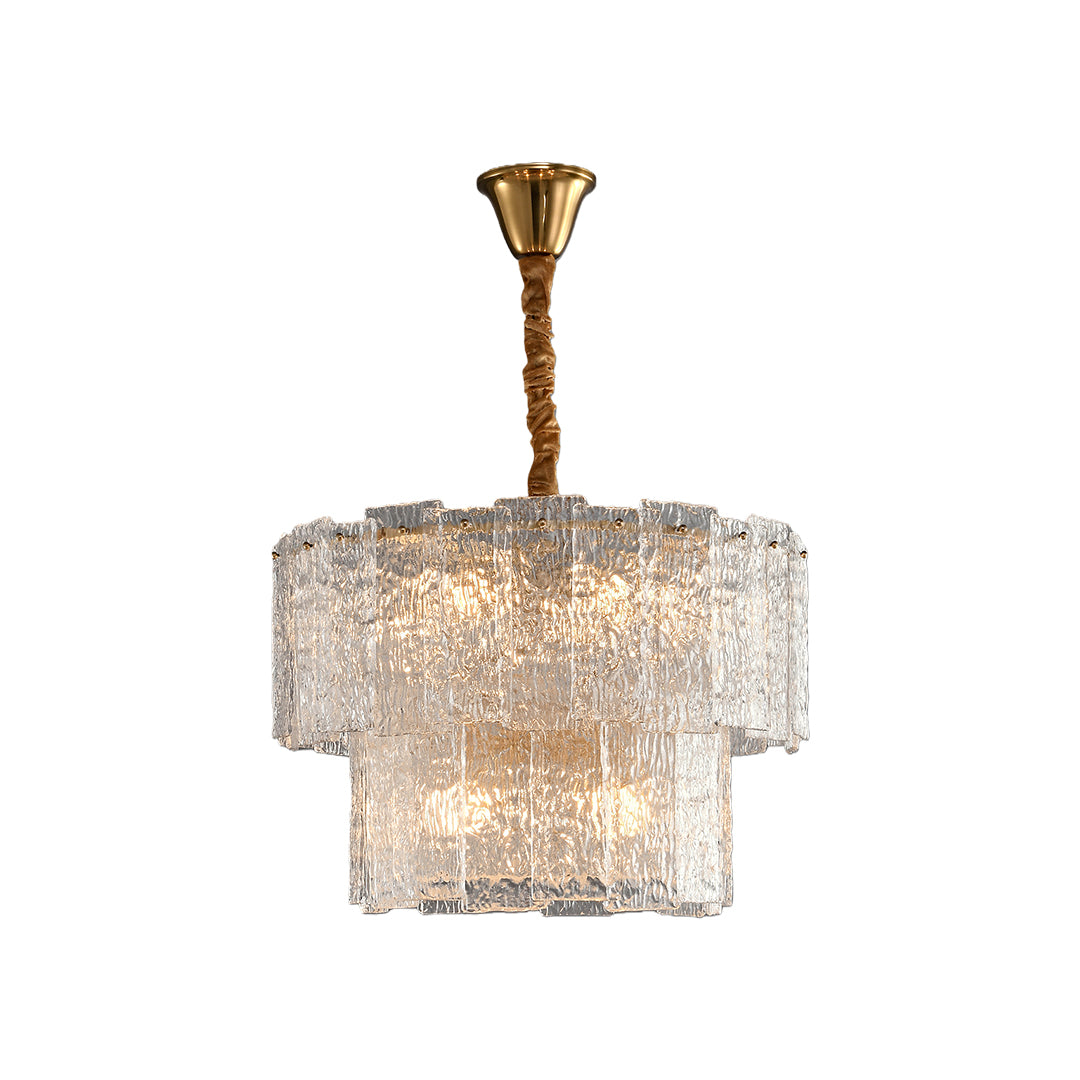 Modern luxury chandeliers with tiered textured glass panels and brushed brass finish