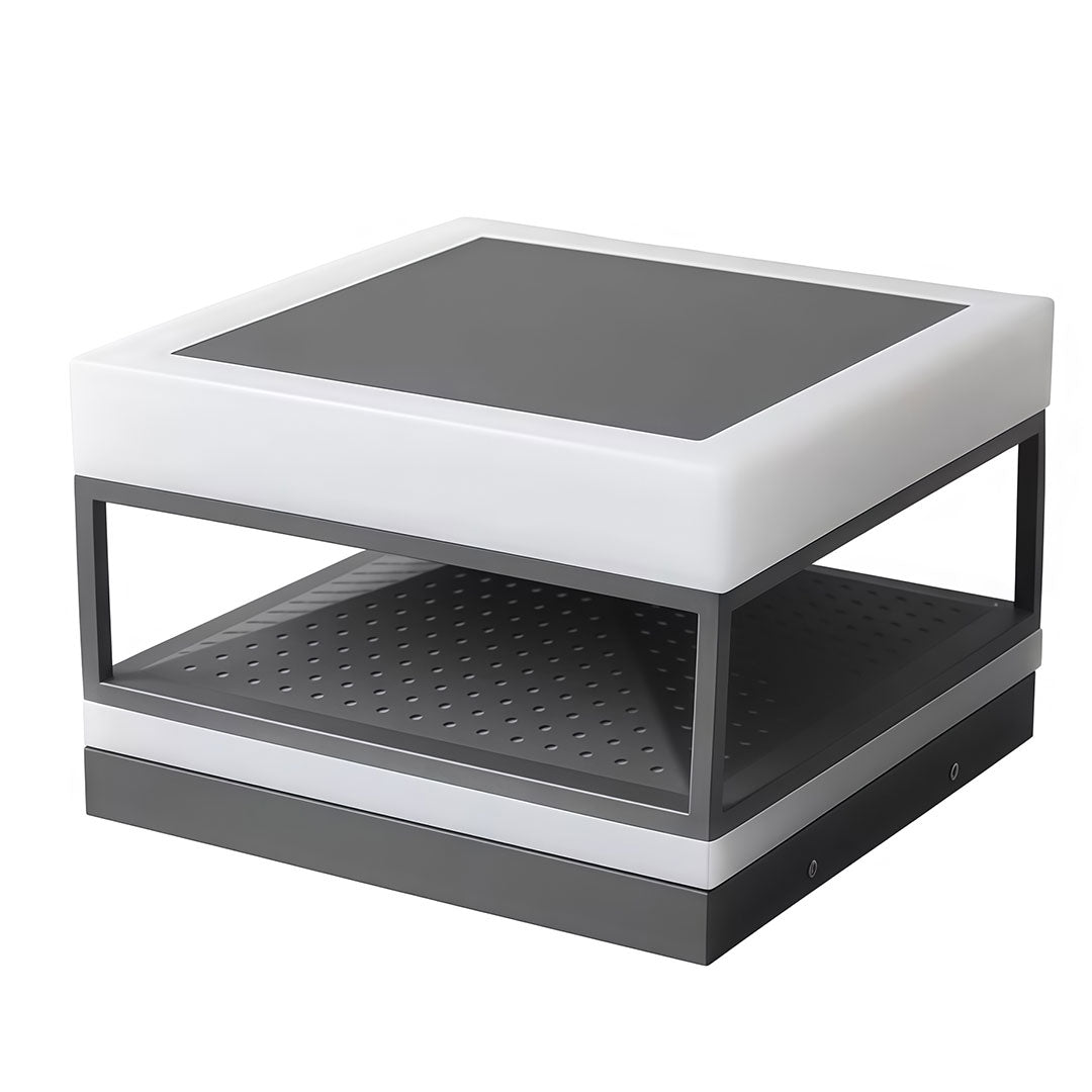 White pillar top light with a black metal frame and perforated sides, displayed from a slightly tilted angle.