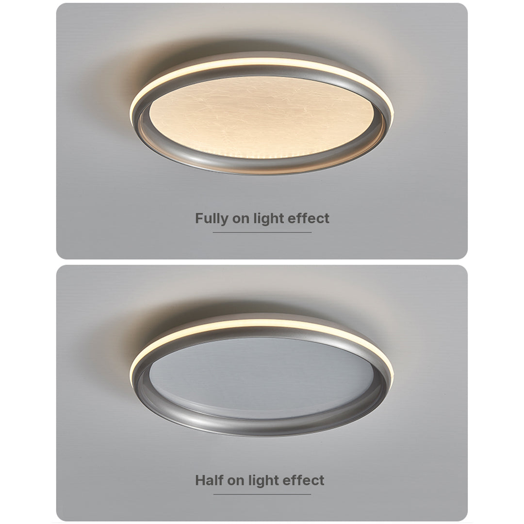 Tilted view of metal flush mount light, detailed perspective of modern design