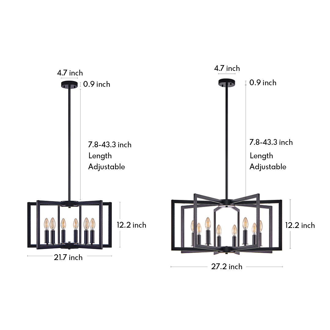 Modern black candle chandelier with rectangular open frame and elegant candle-style bulbs, available in two sizes to suit different room layouts and ceiling heights.