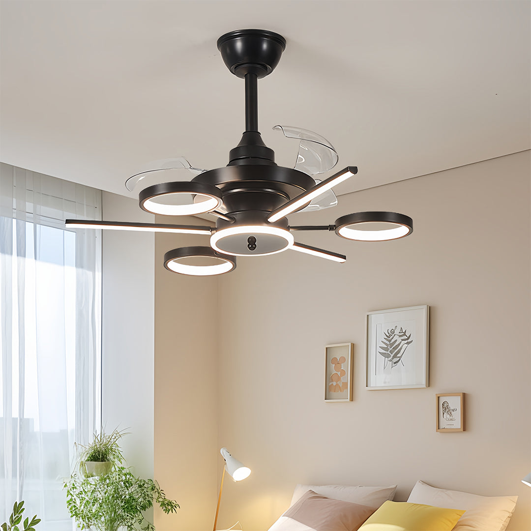 Top view of a black ceiling fans with multiple lights, emphasizing its symmetrical and modern light arrangement
