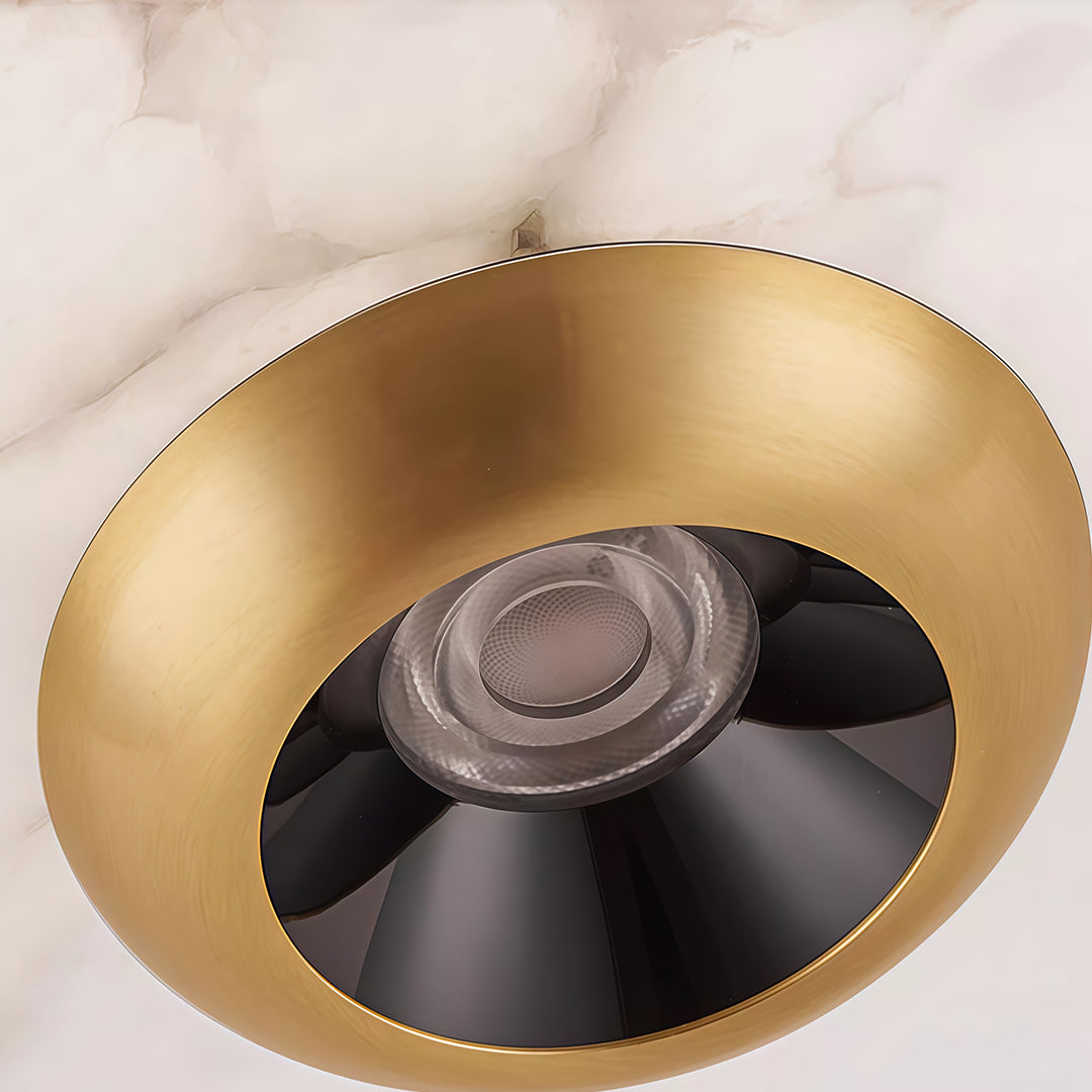 Top view of modern LED pendant lights with glass shade chandelier design showing brushed gold reflector and LED module detail.