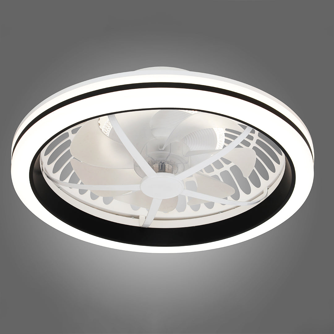 Detailed top view of the modern white flush mount ceiling fan with light, highlighting the dual black and white illuminated rings. 