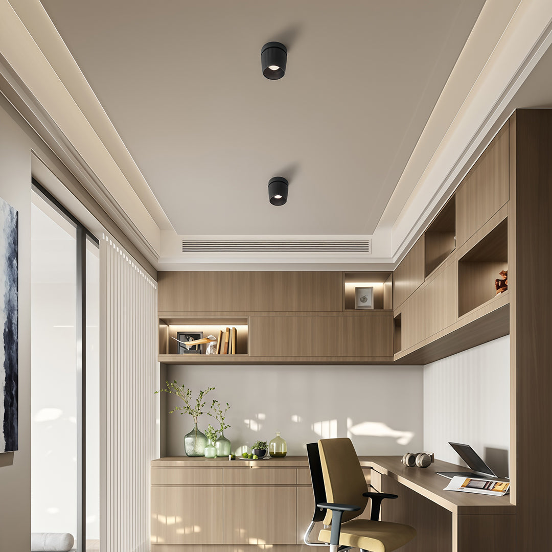 Track-mounted rotating spotlights brightening elegant hallway with wood shelving and display cases