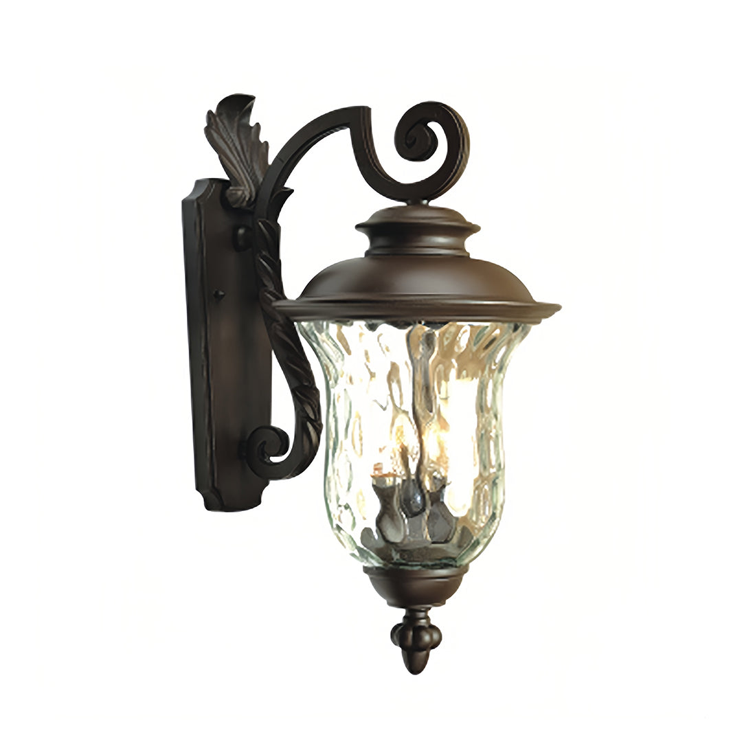 Traditional black exterior wall light featuring decorative curved bracket and textured glass on white background
