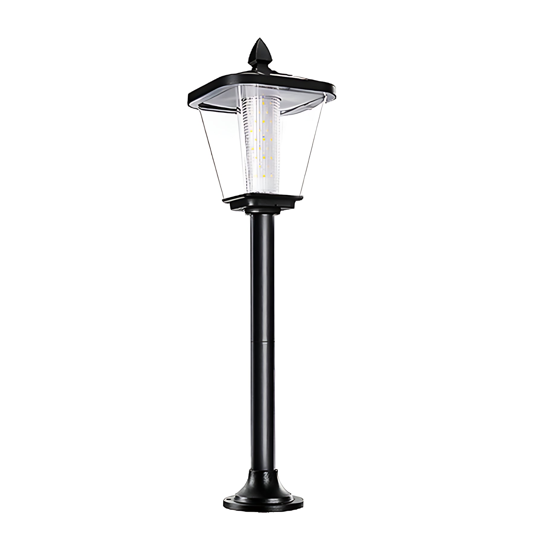 Traditional black lamp post with classic lantern design for garden pathways