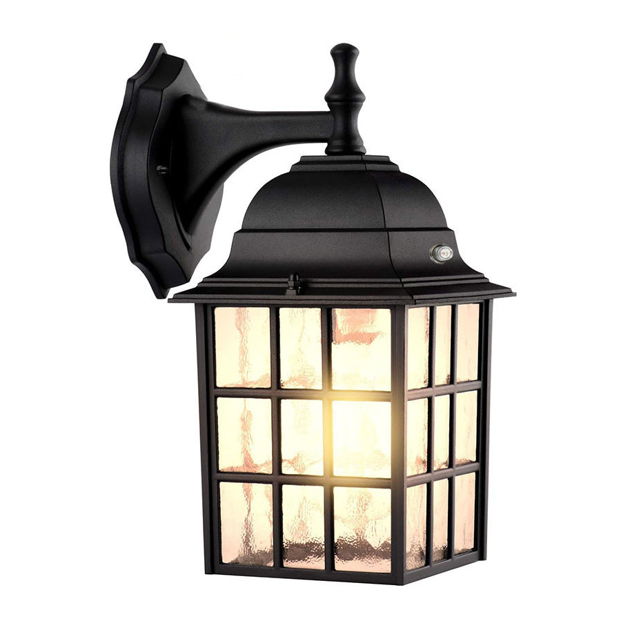 Traditional black lantern wall sconce with grid pattern glass panels and classic design