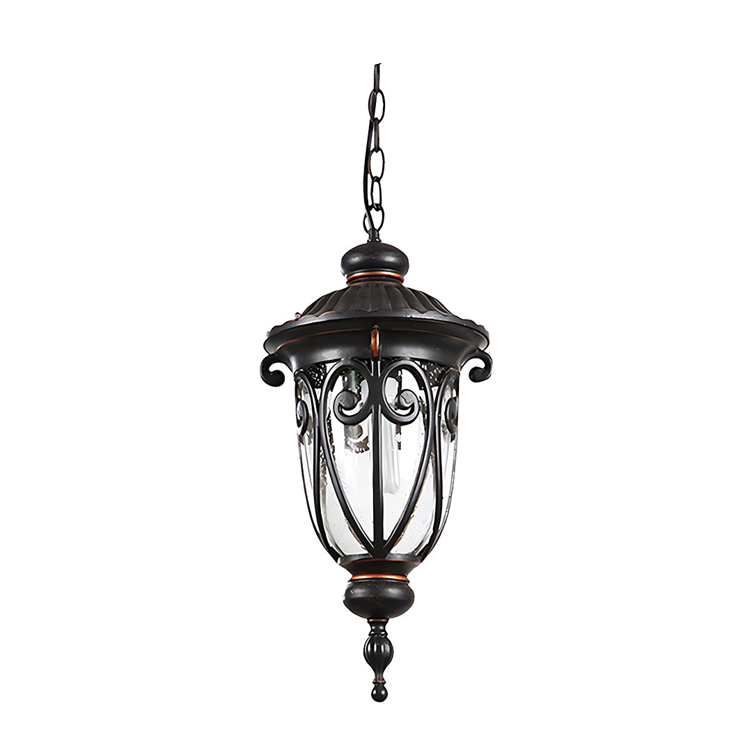 Traditional black hanging lantern with ornate scrollwork and clear glass panels on white background
