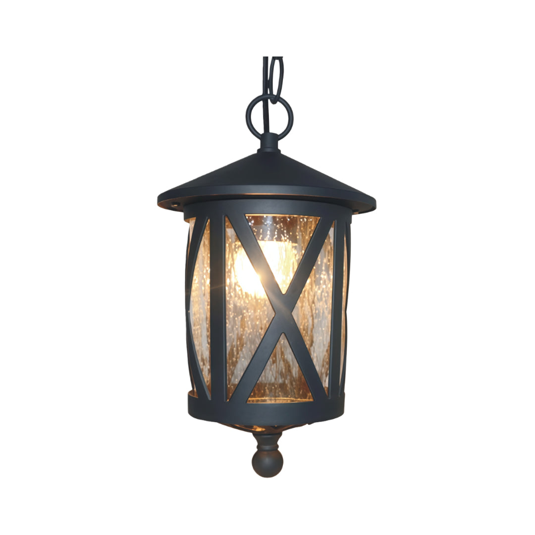 Traditional black outdoor pendant light featuring crisscross glass design and ornate finial on white background