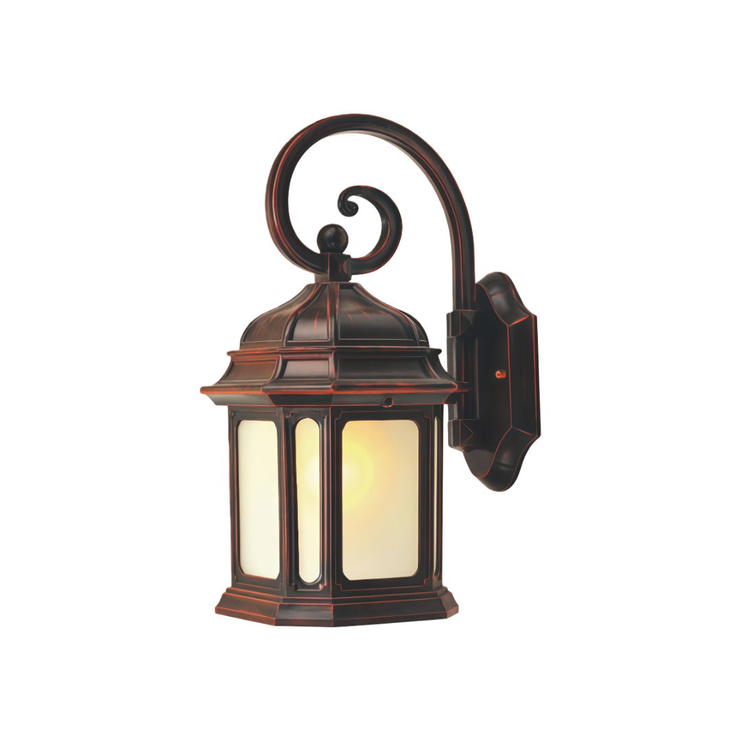 Traditional exterior LED wall light featuring decorative curved arm and clear glass lantern in dark metal