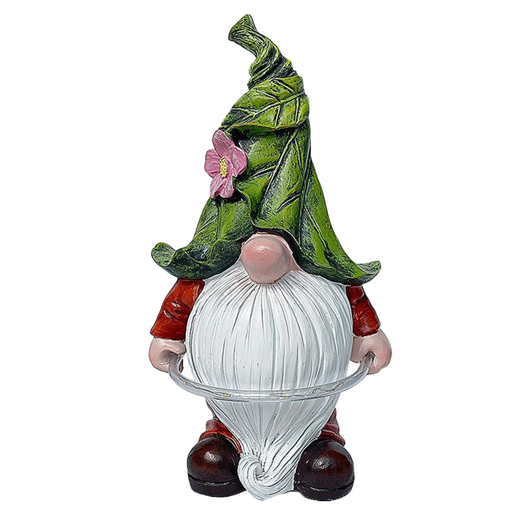 Traditional garden gnome with green hat and white beard holding illuminated flower basket