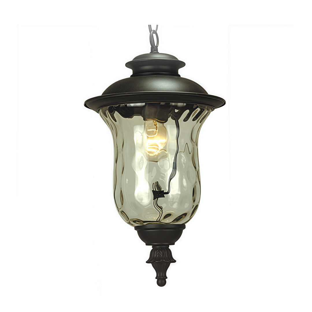 Traditional industrial metal pendant light featuring textured glass and ornate metalwork on white background