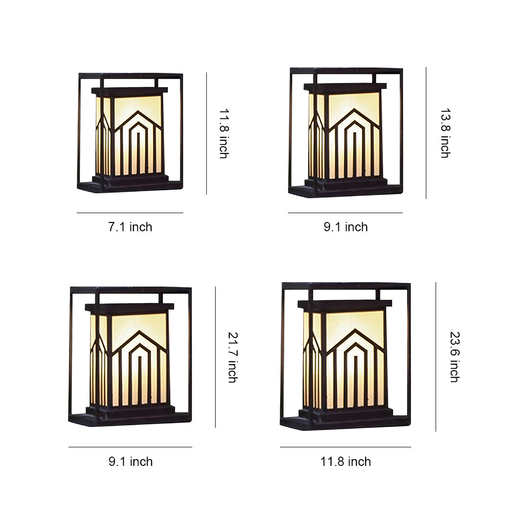 Traditional lantern outdoor light with geometric design, providing warm illumination for gardens and pathways.
