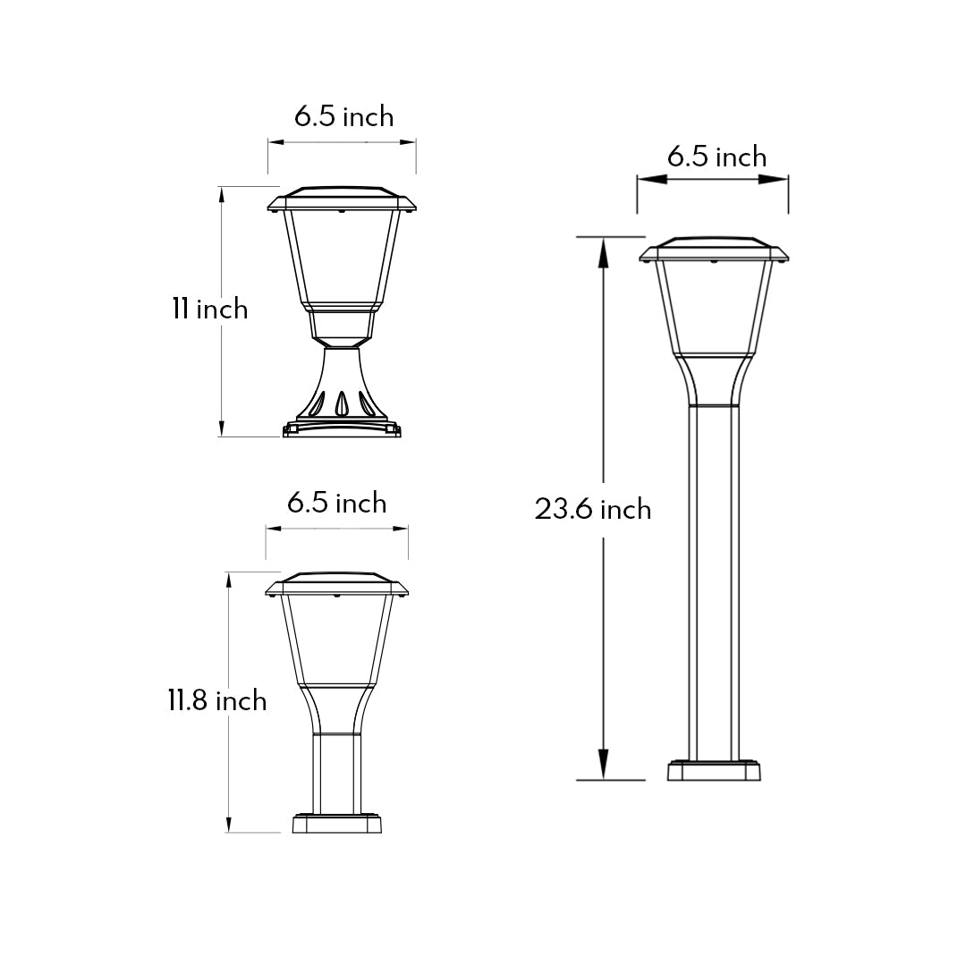 Technical specification drawing showing dimensions for traditional lantern-style outdoor lighting