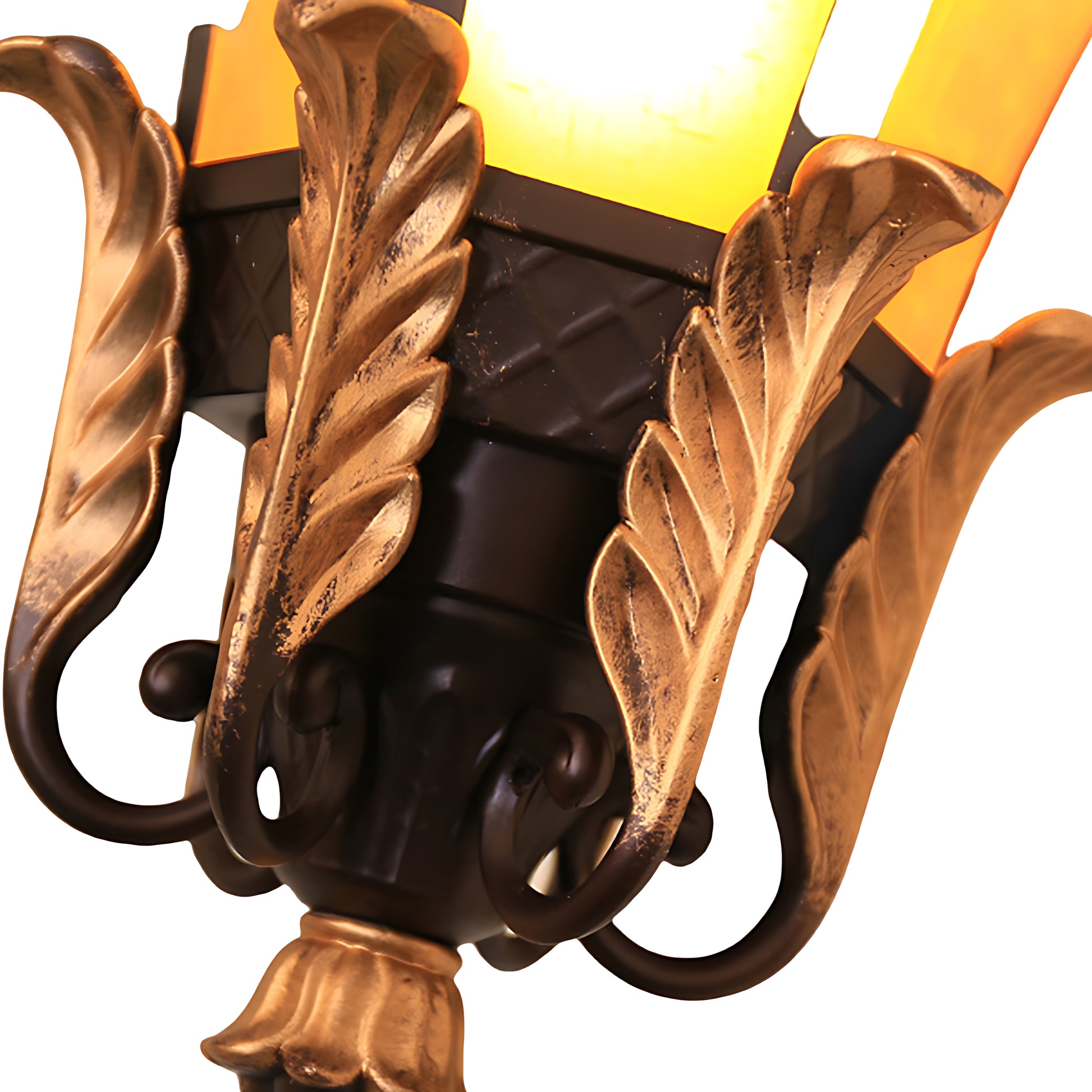 Technical specification drawing showing dimensions and installation details for traditional outdoor lantern with decorative brackets