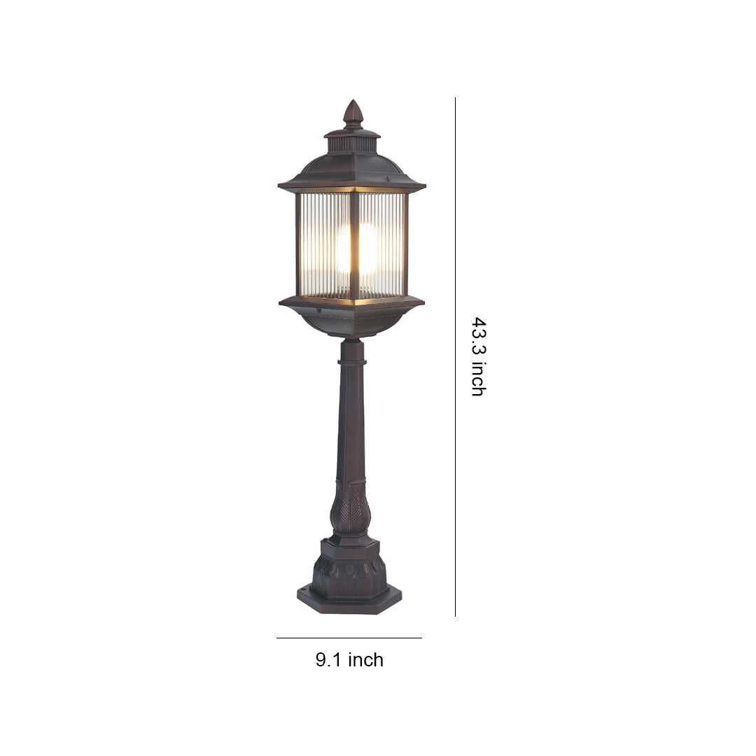 Traditional LED post light with lantern-style design and dark bronze finish, shown with height measurement scale