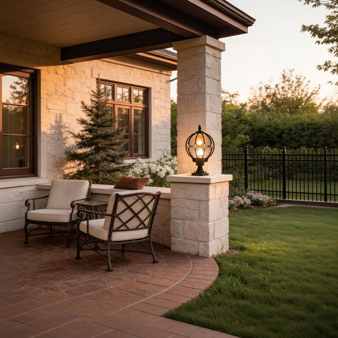 Traditional outdoor globe pillar light on a patio post overlooking a green lawn at sunset ok.