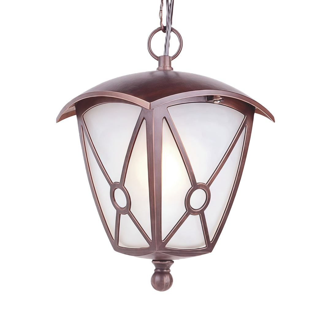 Traditional outdoor LED pendant light featuring decorative crisscross glass design and metal chain on white background