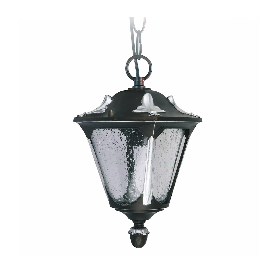 Traditional outdoor porch pendant light featuring clear seeded glass and ornate metalwork on white background