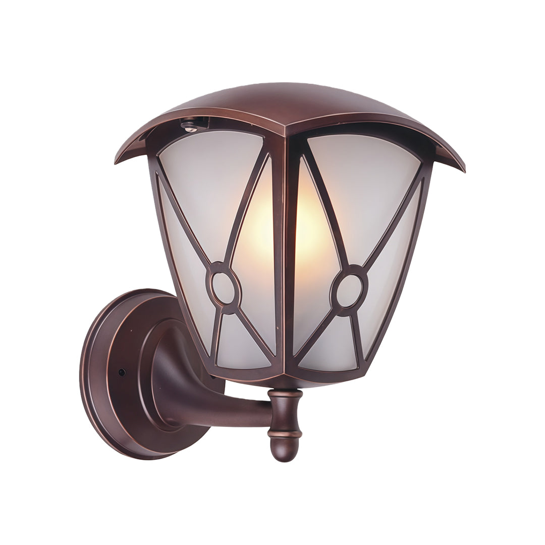 Traditional outdoor wall light for house featuring crisscross glass design in dark metal on white background