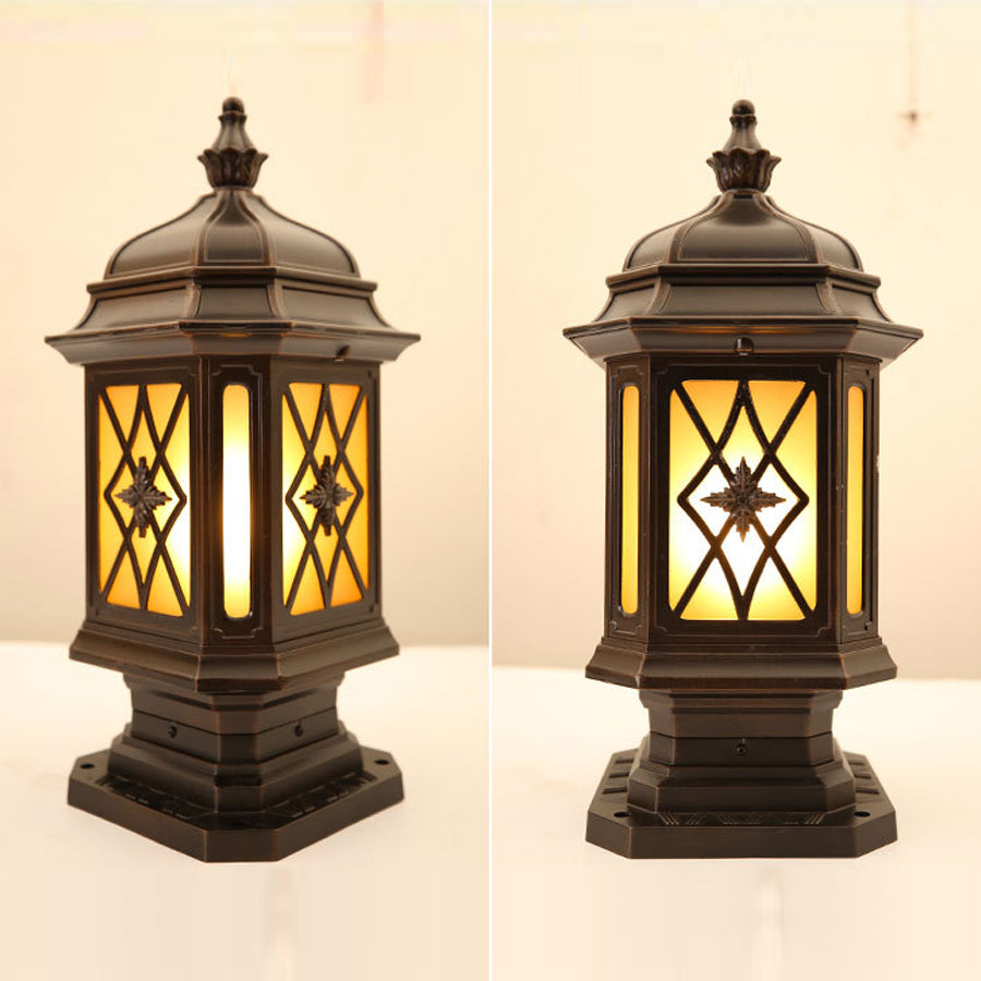 Traditional outside pillar lights featuring diamond lattice glass pattern and classic lantern design for outdoor spaces