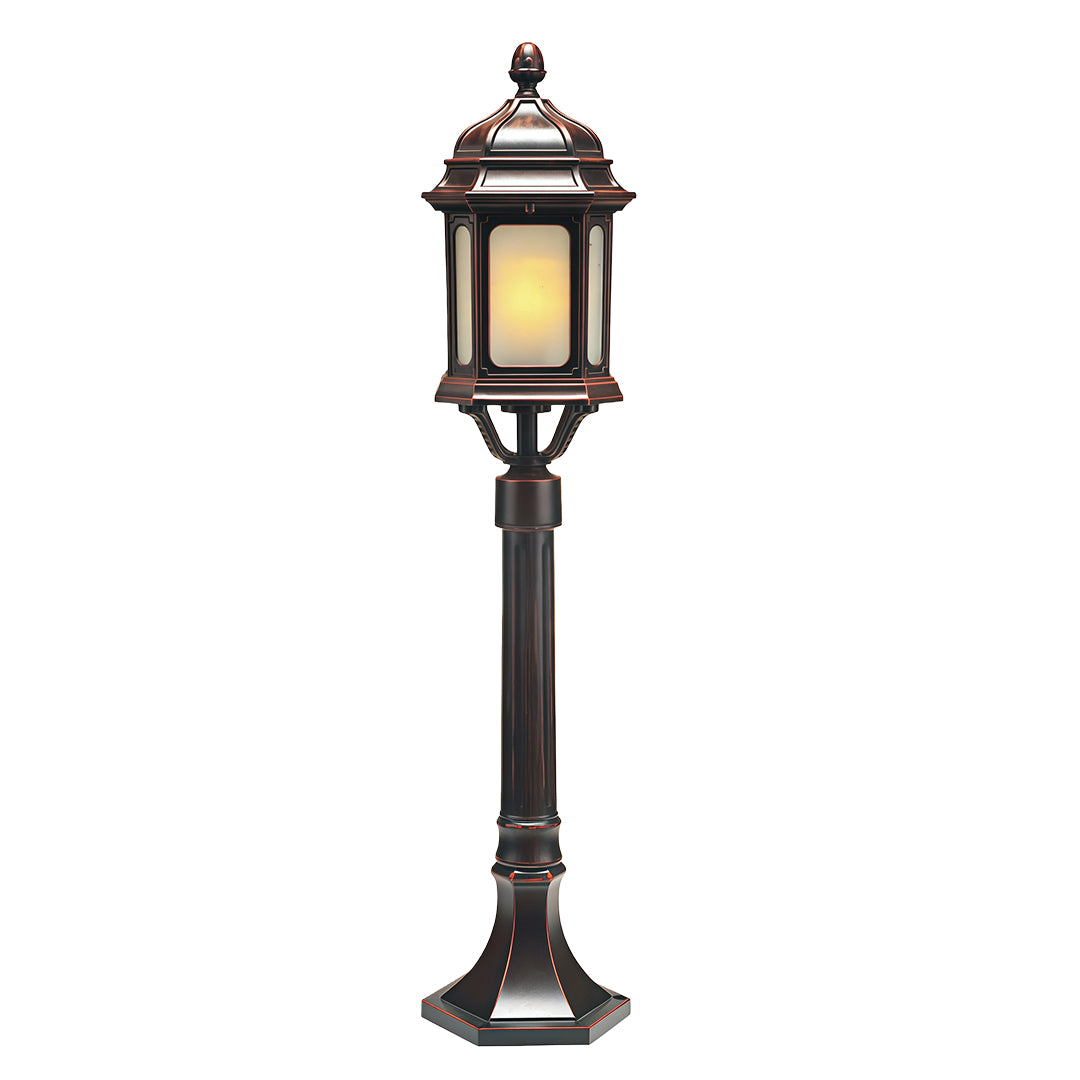 Traditional path bollard light fixture featuring vintage lantern design with dark metal finish on white background